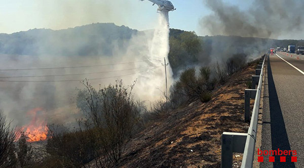 SUCCESSOS: Un incendi a l’AP-7 crema 3.500 metres quadrats al terme municipal de Martorell
