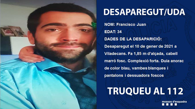 SUCCESSOS: Els Mossos d’Esquadra busquen un veí de Viladecans de 34 anys desaparegut des del 10 de gener 