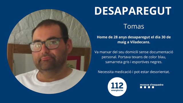 SUCCESSOS: Busquen un home de 28 anys desaparegut a Viladecans des del passat 30 de maig