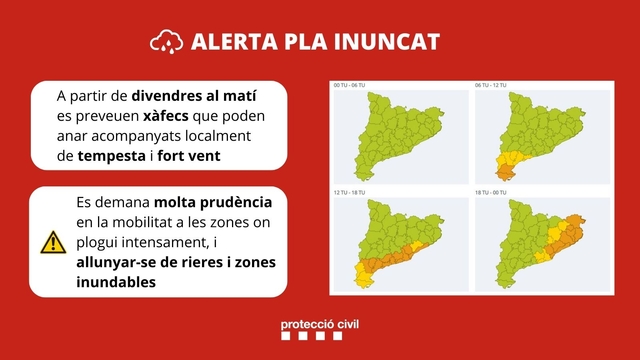 INFORMACIÓ SERVEI: Protecció Civil activa l'ALERTA del pla INUNCAT per la previsió de pluges intenses divendres al Baix Llobregat